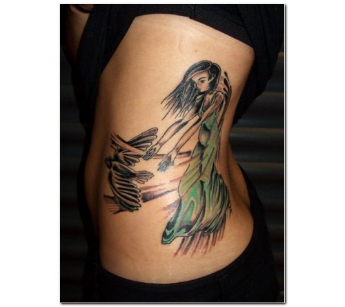 Girl And Bird Tattoo On Left Side Rib