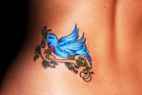 Flying Blue Bird Tattoo On Lowerback