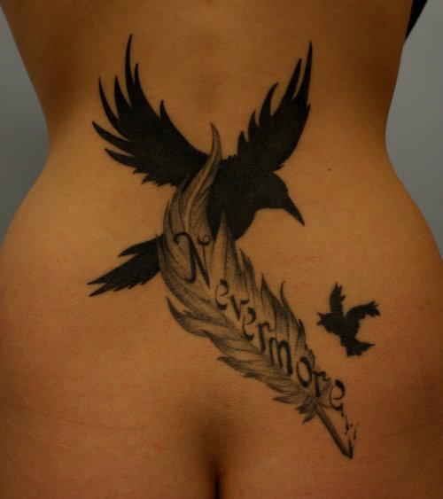 Feather And Black Birds Tattoo On Lowerback