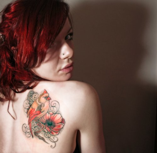 Beautiful Color Flower And Bird Tattoo On Right Back Shoulder