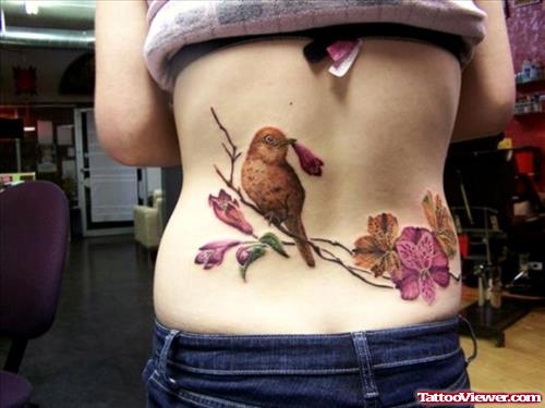 Colorful bird tattoo design on lower back