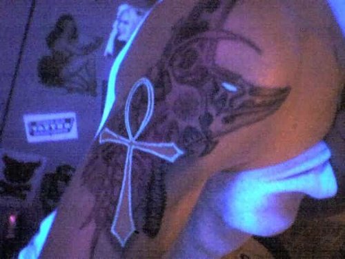 Left Sleeve Black Light Ankh Tattoo