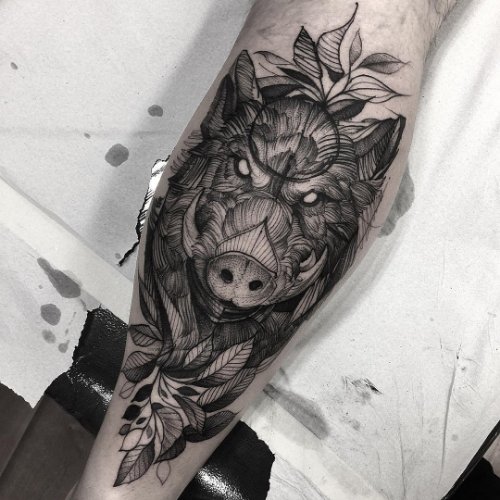 Angry Boar Face With Leaves Tattoo On Leg Calf