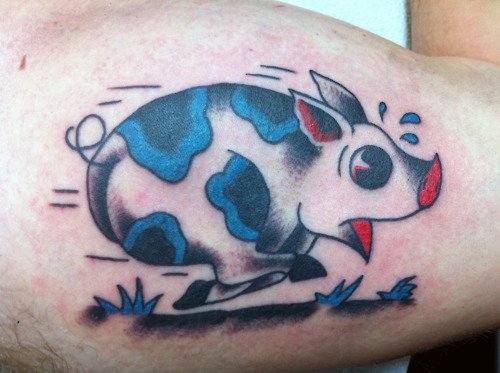 Jumping Pig Color Ink Tattoo On Muscles