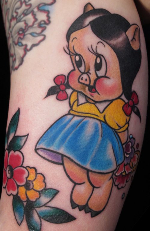 Boar Girl With Color Dress Tattoo On Bicep