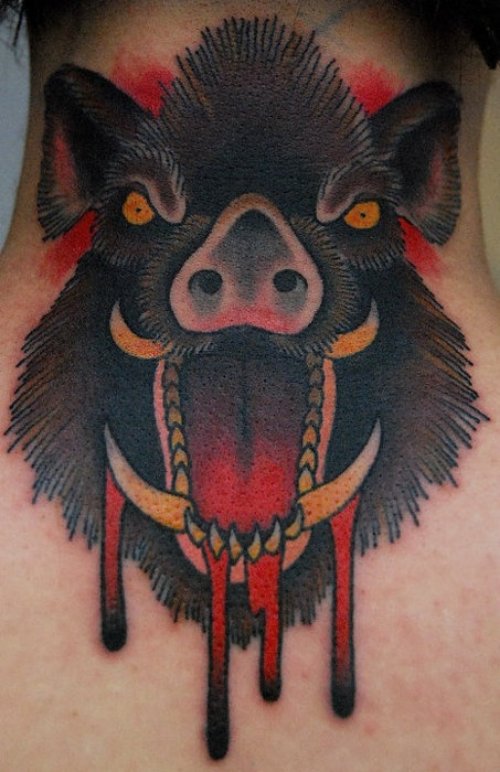 Beautiful Black Ink Boar Head Tattoo On Back