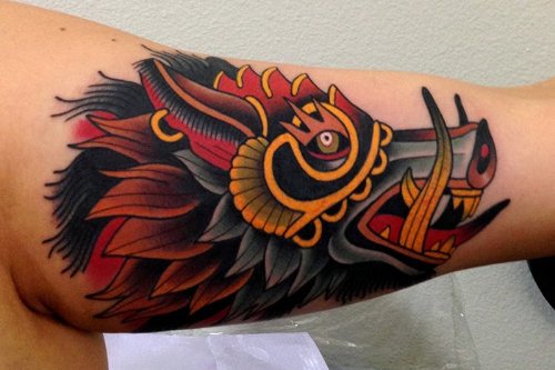 Colorful Traditional Boar Head Tattoo On Bicep