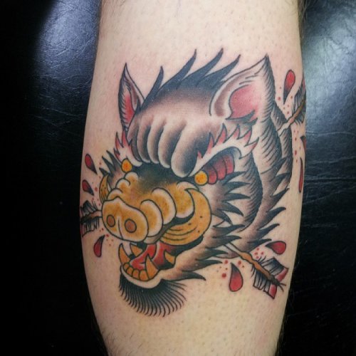 Boar Injured With Arrow Color Ink Tattoo