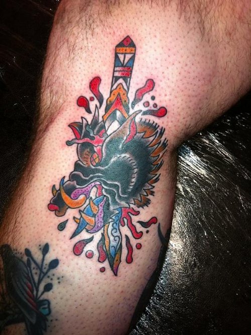 Dagger Boar Head Color Ink Tattoo