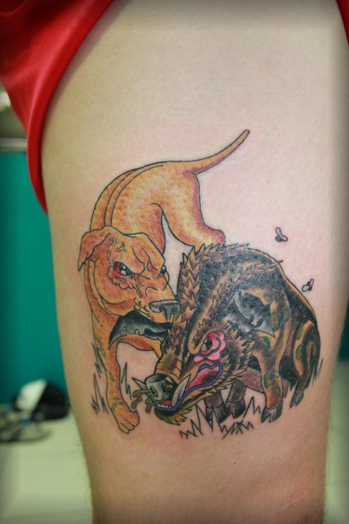 Color Ink Boar And Dog Tattoo On Thigh