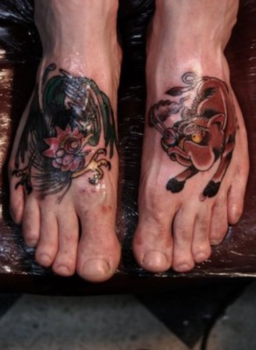 Color ink Cock And Boar Tattoos On Feet