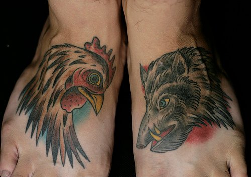 Cool Rooster And Boar Head Tattoos on Feet