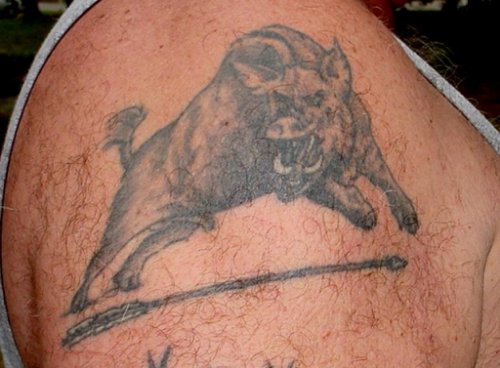 Grey Ink Jumping Wild Boar Tattoo On Right Shoulder
