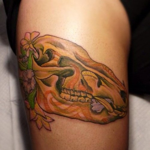 Color Flowers And Boar Skull Tattoo On Bicep