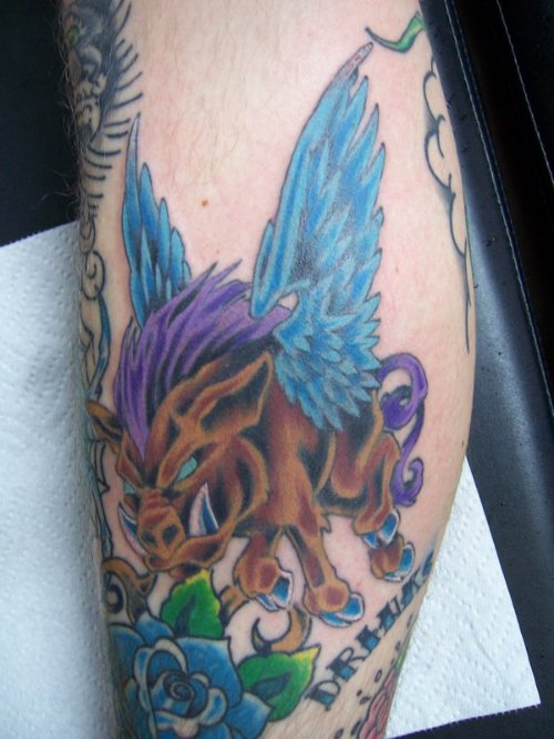 Flying Color Ink Boar Tattoo On Leg