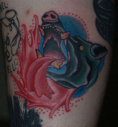 Blue Ink Boar Head Tattoo