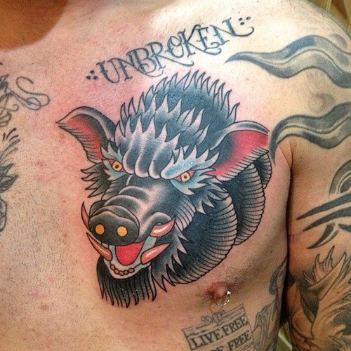 Black Ink Wild Boar Tattoo On Chest