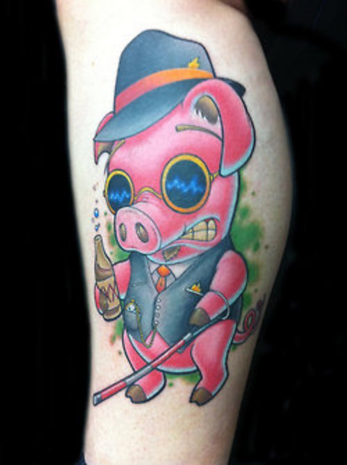 Color Ink Pig Tattoo On Leg