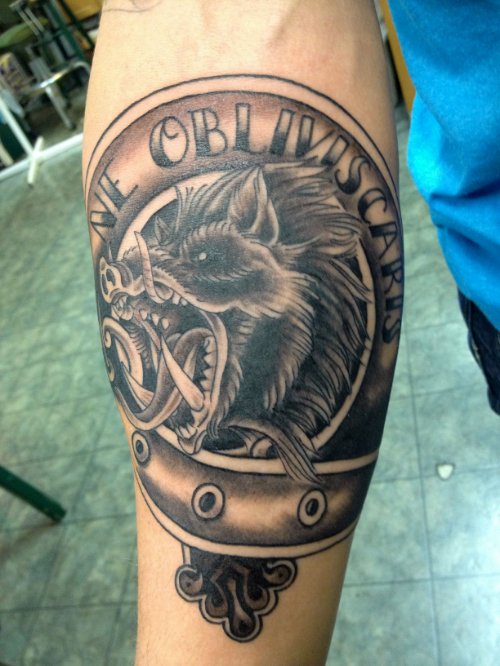 Grey Ink wild angry Boar Head Tattoo On Right Arm