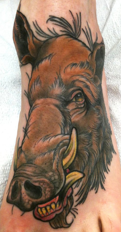 Wild Boar Head Tattoo On Left Foot