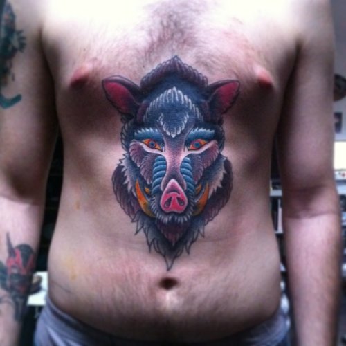 Colored Ink Wild Boar Head Tattoo On Man Chest