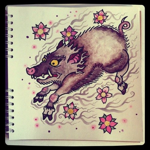 Flowers And Boar Tattoo Design
