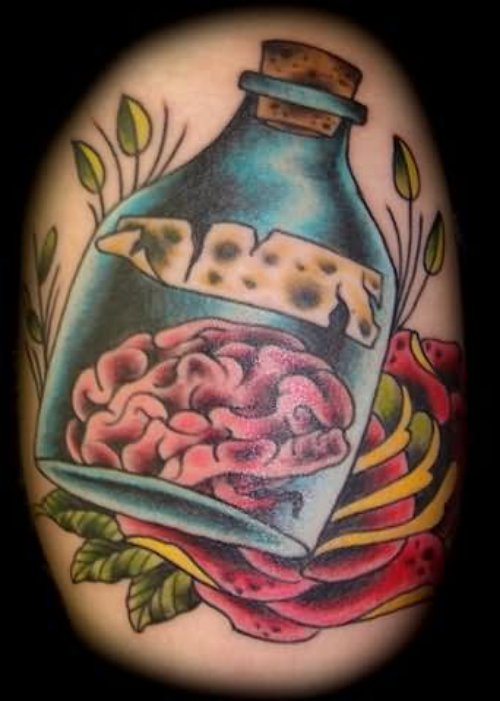 Brain In Bottle Tattoo On Shoulder