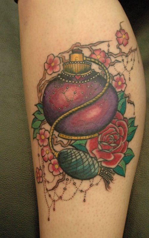 Color Flowers And Perfume Bottle Tattoo On Leg