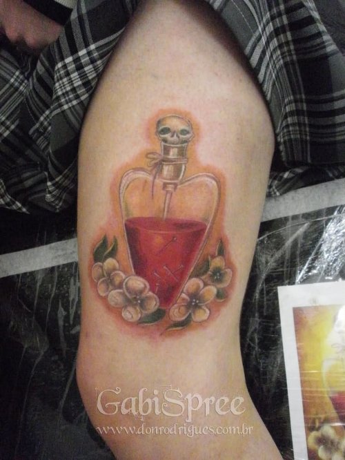 Poison Heart Bottle Tattoo On Right Sleeve