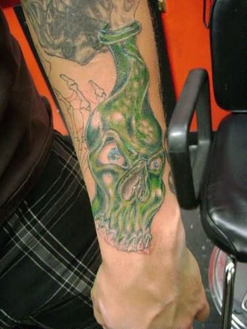 Green Skull Bottle Tattoo On Arm Sleeve