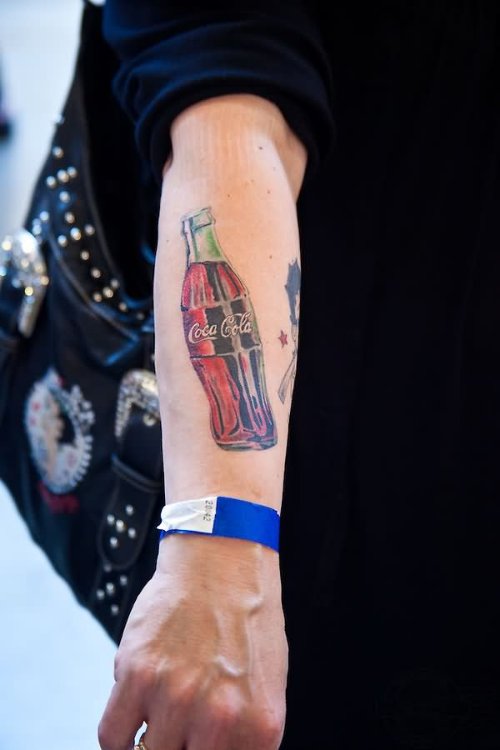Coca Cola Bottle Tattoo On Right Sleeve
