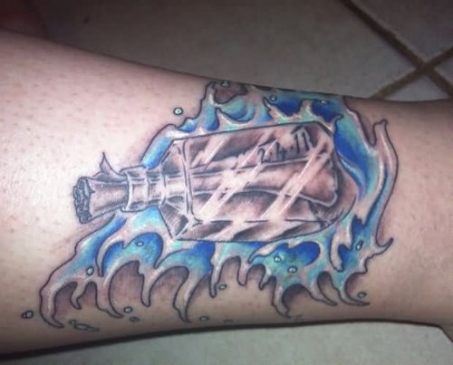 Blue Message Bottle Ankle Tattoo