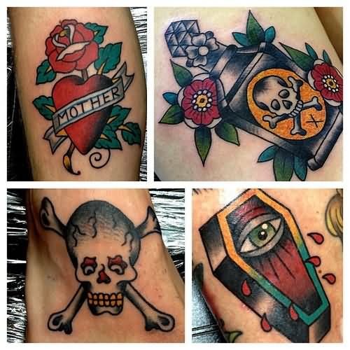 Grey Ink Skull And Red Flowers With Poison Bottle Tattoo