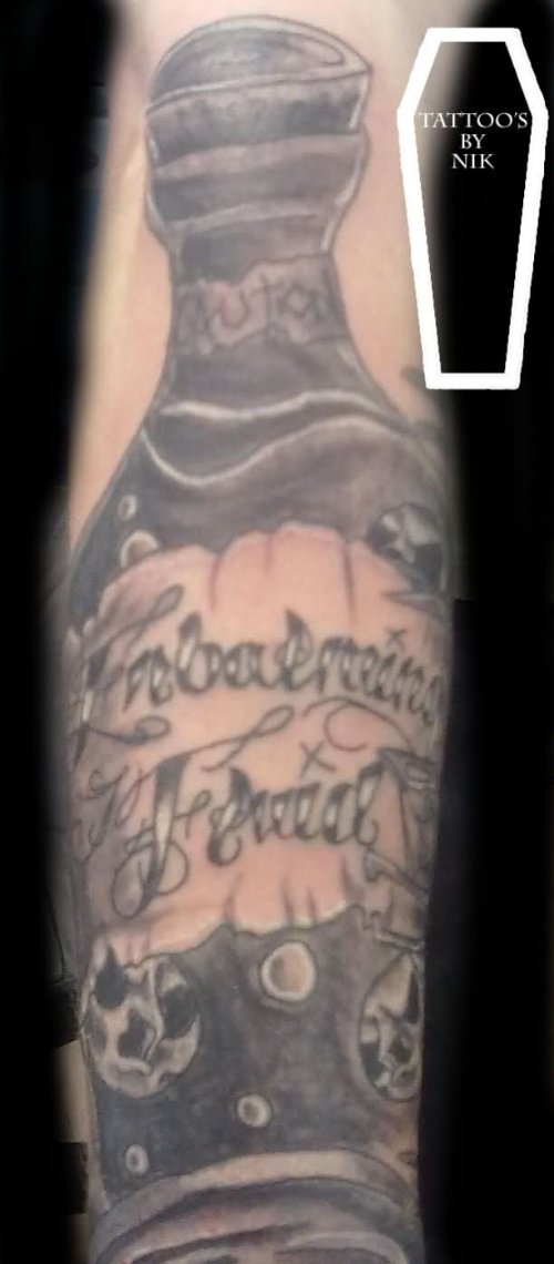 Grey Ink Bottle Tattoo On Arm Sleeve