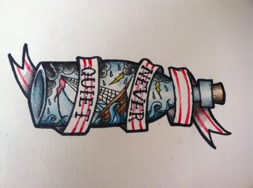 Never Quiet Banner With Bottle Tattoo Design