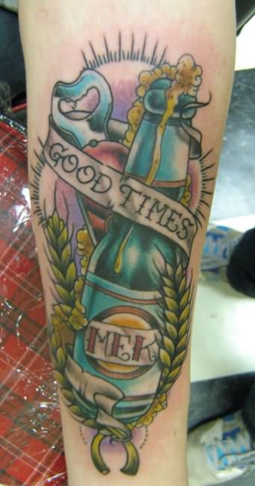 Banner And Bottle Tattoo On Leg