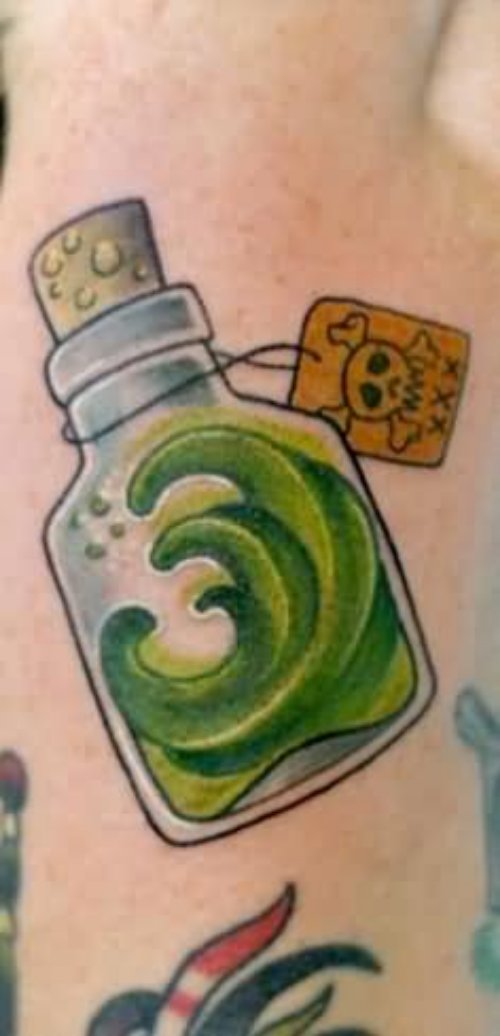 Beautiful Poison Bottle Tattoo On Left Sleeve