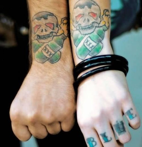 Red Eyes Skull And Bottle Tattoos On Both Sleeves