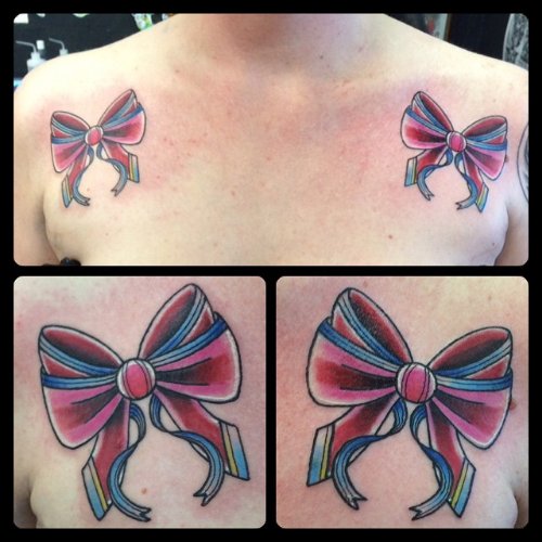 Red Bow Tattoos On Front Shoulders by Joshua Gilbert