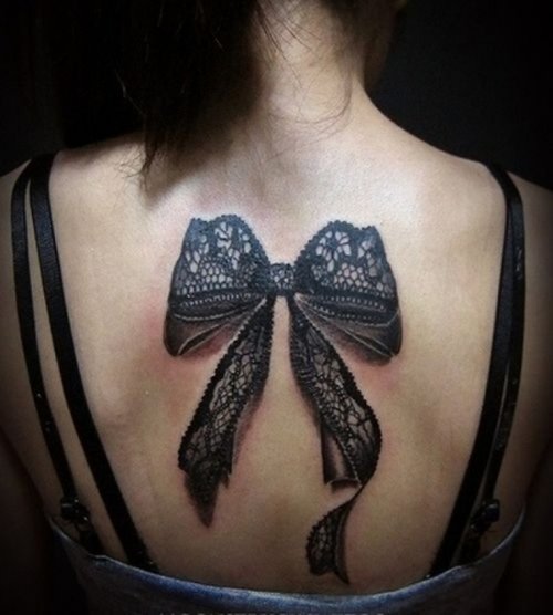 Lace Bow Tattoo On Girl Back Body