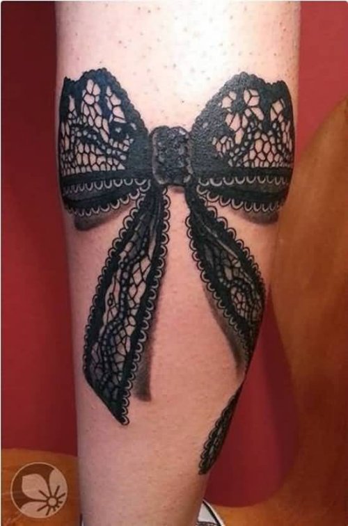 Beautiful Black Lace Bow Tattoo On Leg
