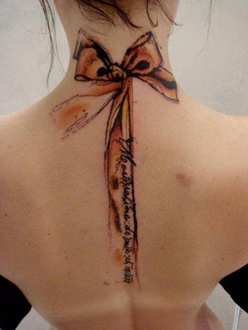 Amazing Bow Tattoo On Girl Upper Back