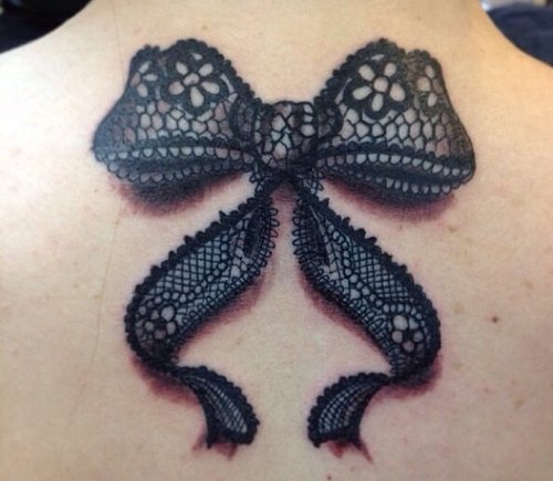 3D Lace Bow Tattoo On Upper Back