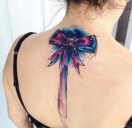 Purple Bow Over Black & Blue Cosmic background Tattoo