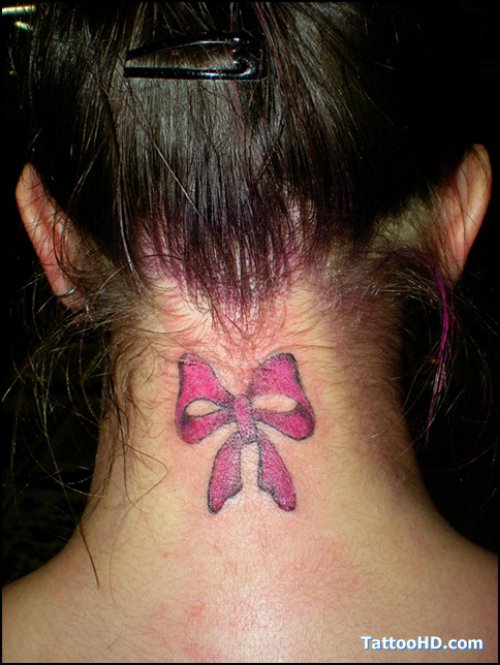Pink Bow Tattoo On Girl Nape