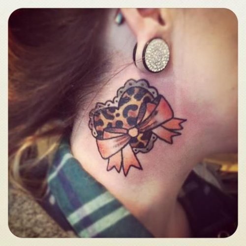 Leopard Heart With Bow Tattoo On Side Neck