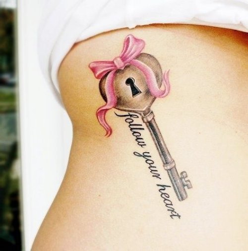 Lock Key and Pink Bow Tattoo On Side Rib
