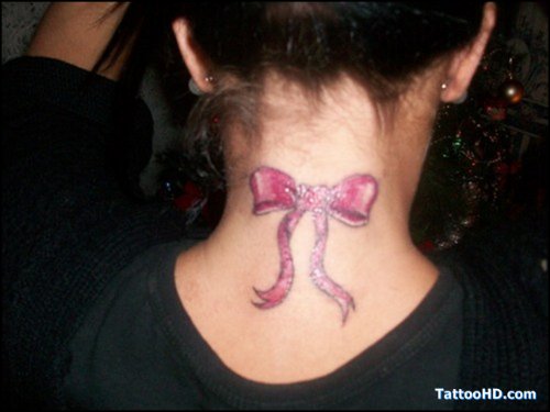 Pink Skull and Bow Tattoo On Nape For Girls