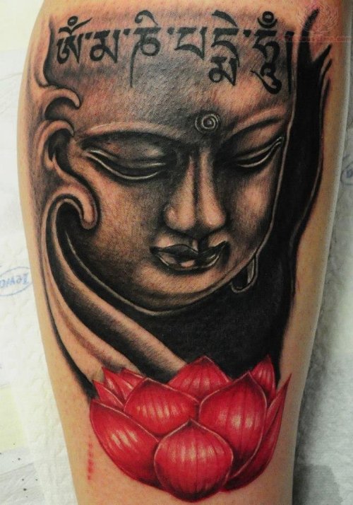 Grey Ink Buddha And Lotus Flower Tattoo