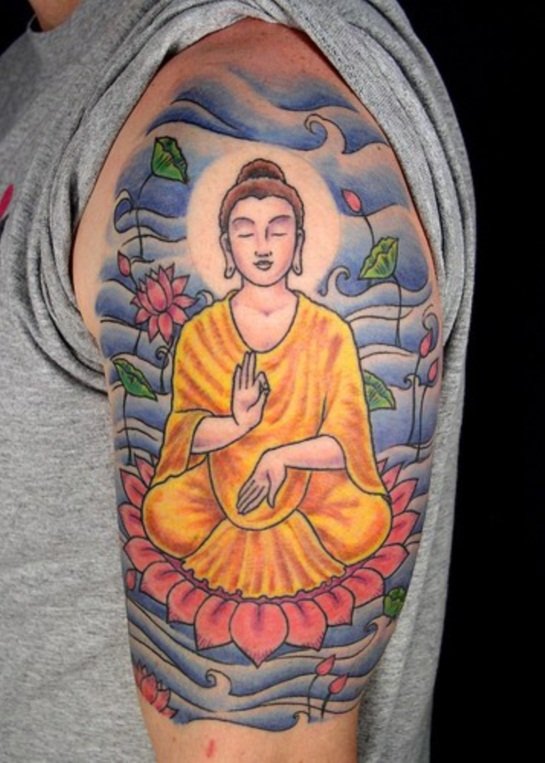 Colorful Buddha Tattoo On Left Half Sleeve